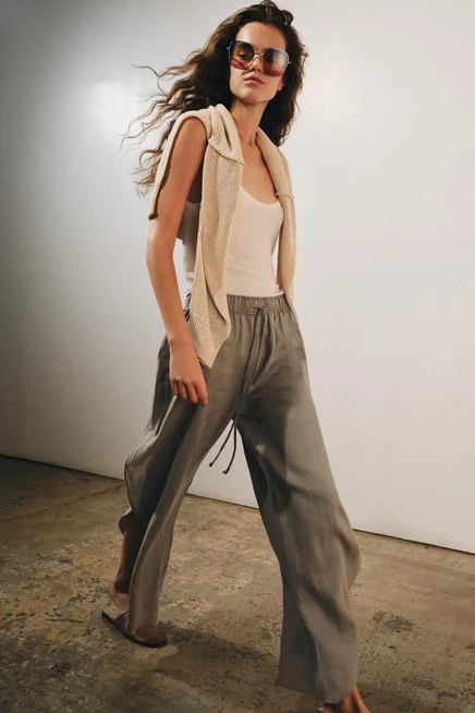 Женские льняные брюки Zara ZW с разрезами, коричневые