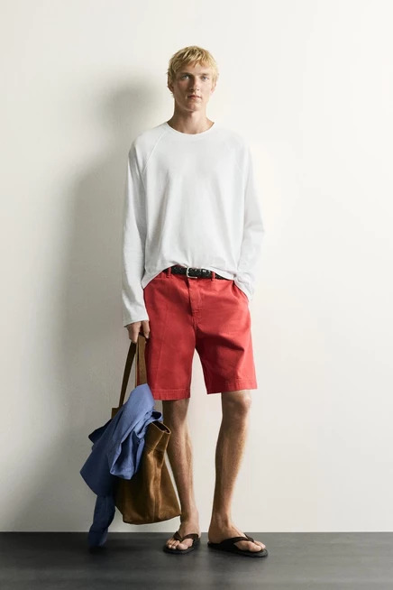 Мужской лонгслив Zara из хлопка и льна, белый
