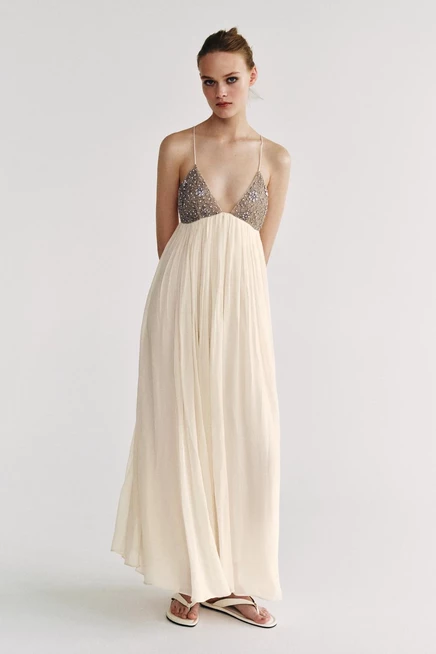 Женское платье ZARA ZW Collection Beaded Midi, экрю