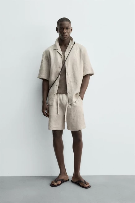 Мужские шорты ZARA Relaxed из льна, светло-бежевые