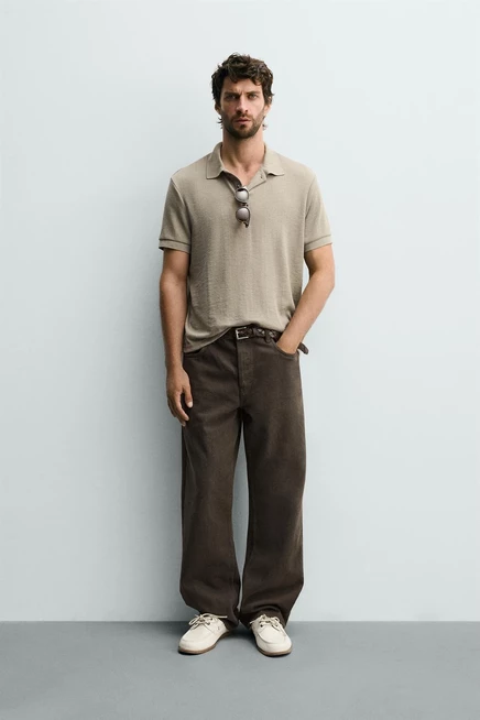 Мужское поло ZARA Regular Fit, жаккард, коричневое