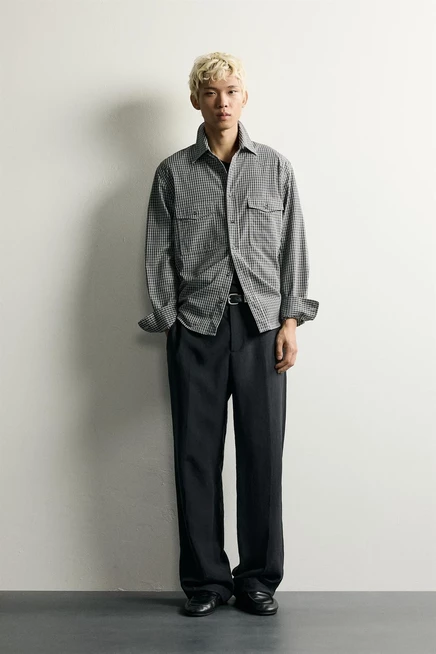 Мужская рубашка ZARA Relaxed Fit в клетку, темно-синяя с белым