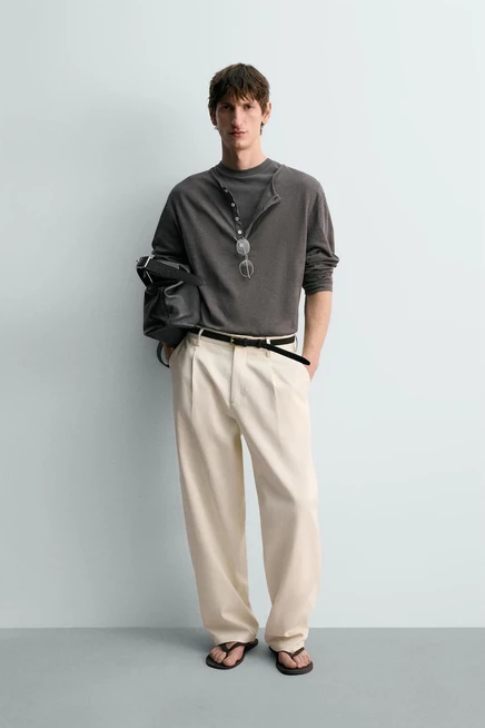 Мужской лонгслив ZARA хлопок/лен, тёмно-серый