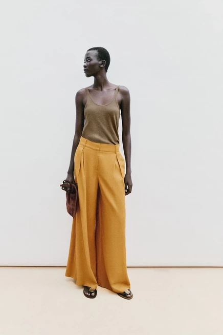Женские льняные брюки ZARA широкого кроя, карри