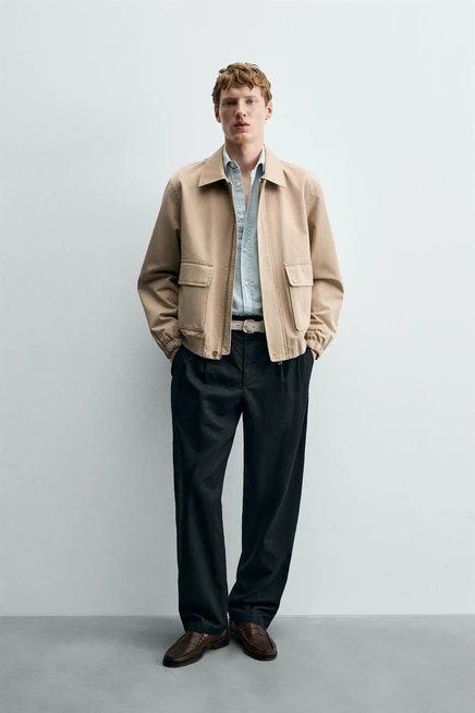 Мужская куртка ZARA Regular Fit из хлопка, серо-бежевая