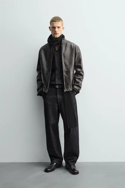 Мужская кожаная куртка ZARA свободного кроя, черная
