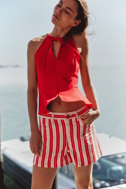 Женский топ ZARA с баской и бантом, красный