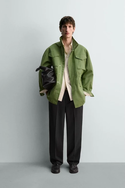 Мужская парка ZARA из хлопка с шёлком, зеленая