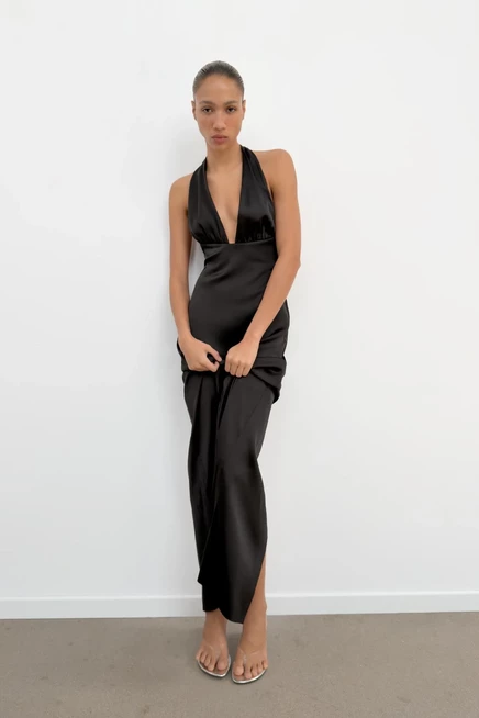 Женское атласное макси-платье ZARA с завязками, черное