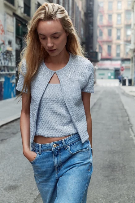 Женский кардиган ZARA с пайетками и люрексом, голубой