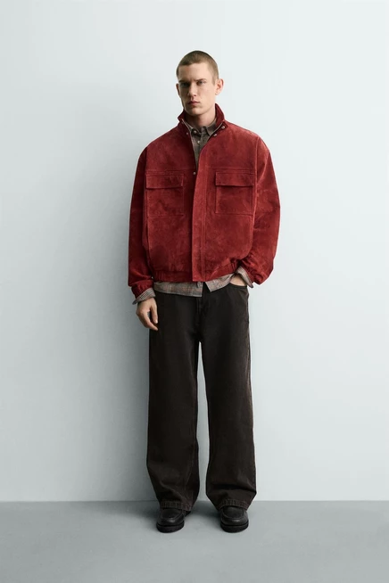 Мужская кожаная куртка ZARA свободного кроя, бордовая