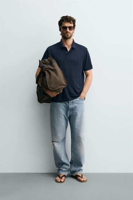 Мужское поло Zara Regular Fit в полоску, темно-синее