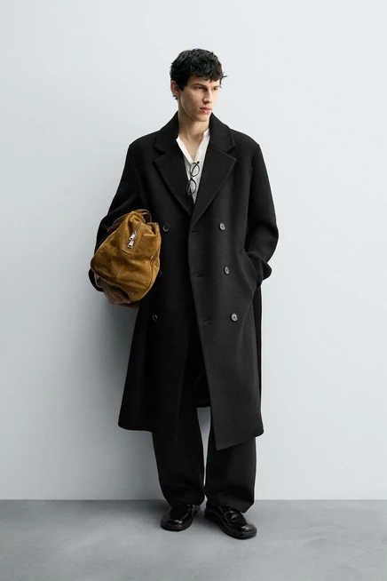 Мужское двубортное пальто ZARA с поясом, черное