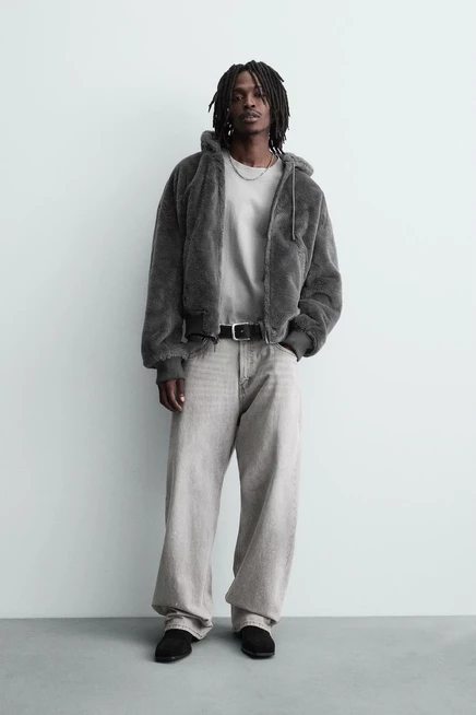 Мужская двусторонняя бомбер-куртка ZARA из эко-кожи, антрацит