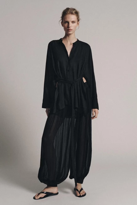 Женская рубашка Zara ZW Collection с поясом, черная
