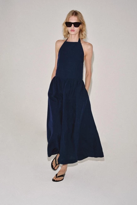 Женское платье ZARA ZW Collection с завязкой на шее, темно-синее