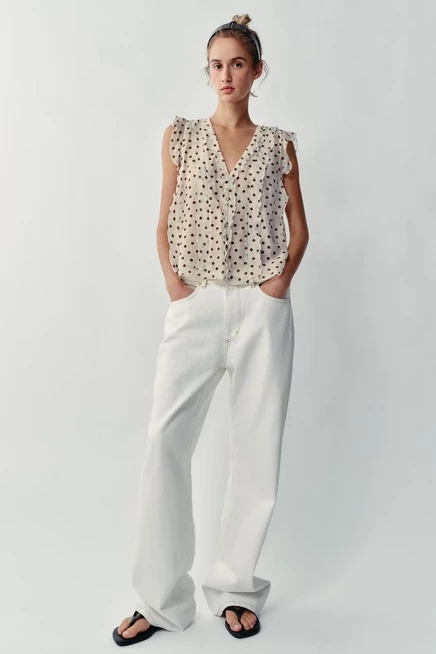 Женская блузка Zara в горошек, экрю/коричневая