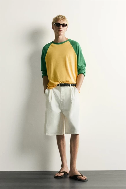 Мужской лонгслив Zara из хлопка и льна, зеленый