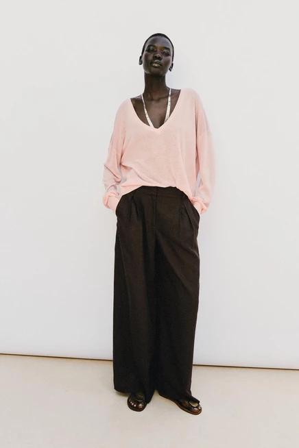Женские брюки Zara из льна широкие, коричневые