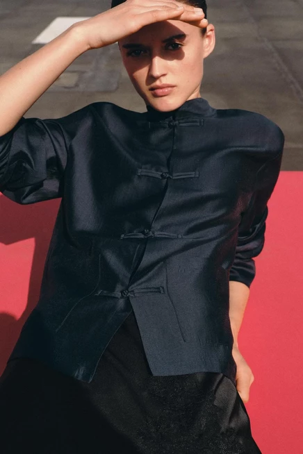 Женская рубашка ZARA ZW Collection, сатиновая, темно-синяя