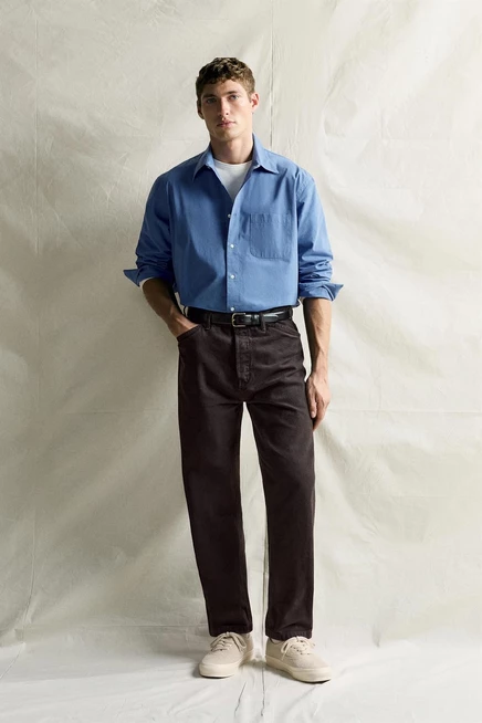 Мужская рубашка ZARA из поплина в полоску, голубоватая