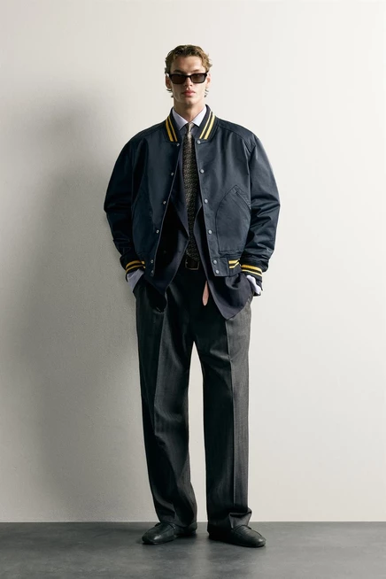 Мужской бомбер Zara Contrast Relaxed Fit, тёмно-синий