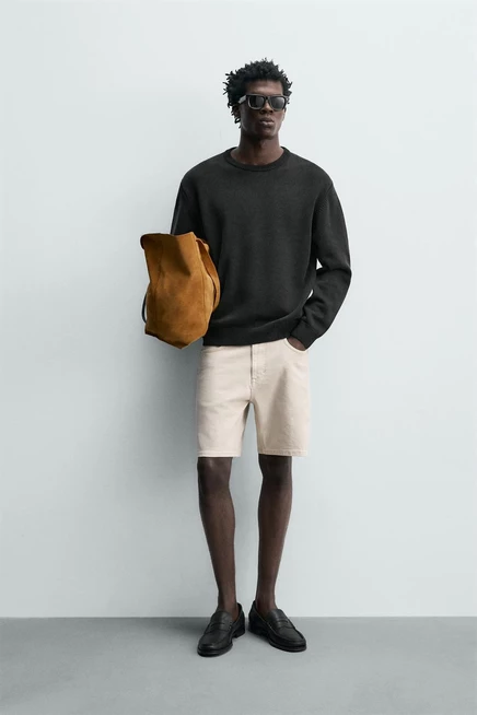 Мужские джинсовые шорты ZARA прямого кроя, цвета экрю