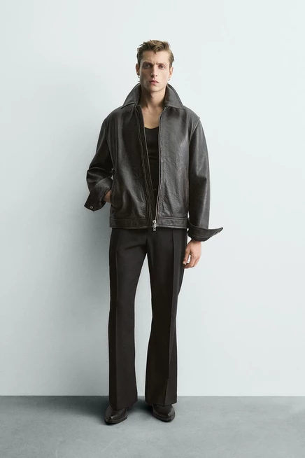 Мужская кожаная куртка ZARA винтажной стирки, черная