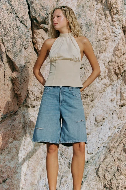 Женский топ ZARA с воротником-стойкой, бежевый