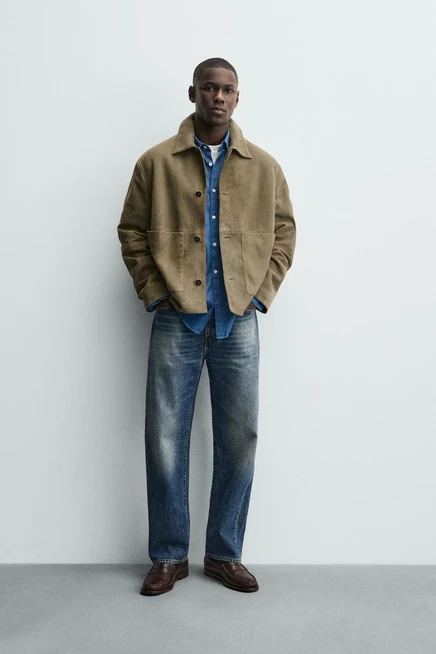 Мужская кожаная куртка ZARA с карманами, зеленая