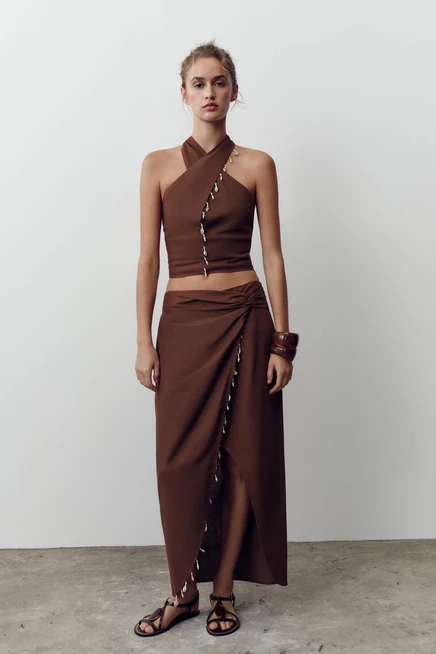Женская юбка-миди Zara льняная с передней завязкой и декором из ракушек и бусин, терракотовая