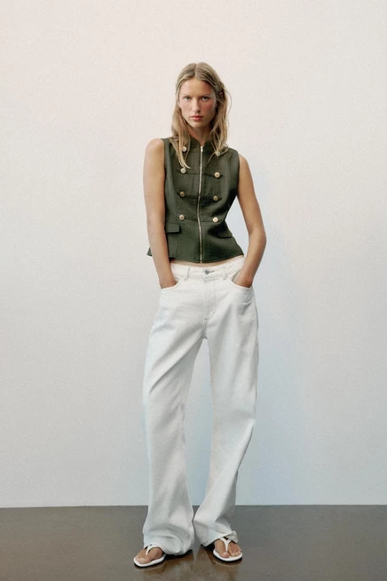 Женский льняной жилет Zara на молнии, темно-хаки