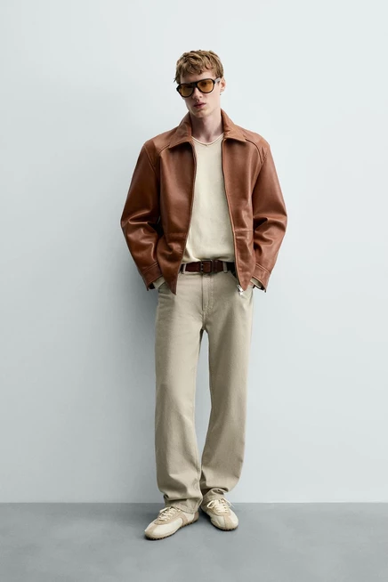 Мужская кожаная куртка ZARA Regular Fit, коньячная