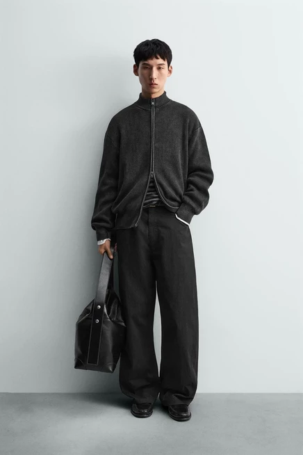 Мужской кардиган zara вязаный из хлопка с фактурной вязкой, темно-синий