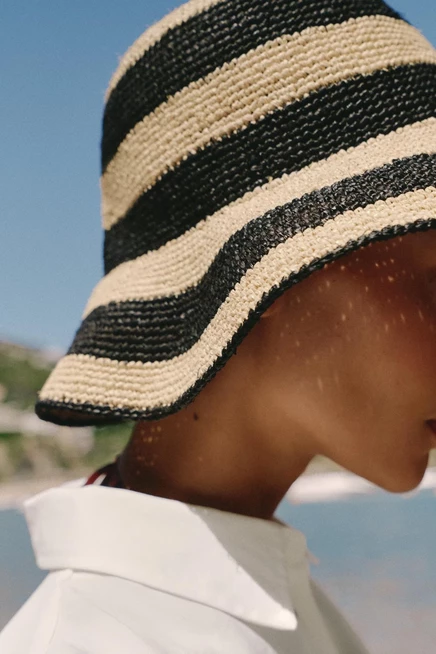 Женская шляпа ZARA Raffia Striped, черно-белая