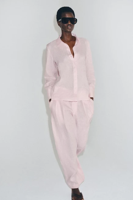 Женская льняная рубашка ZARA ZW Collection, розовая