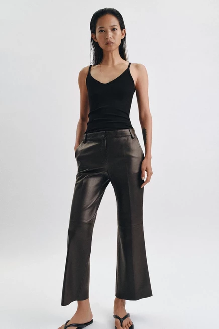 Женские кожаные брюки ZARA клеш, коричневые