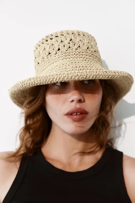 Женская панама ZARA плетеная, светло-бежевая
