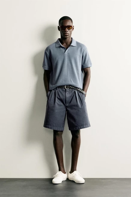 Мужское поло ZARA Regular Fit, фактурное, серо-синее
