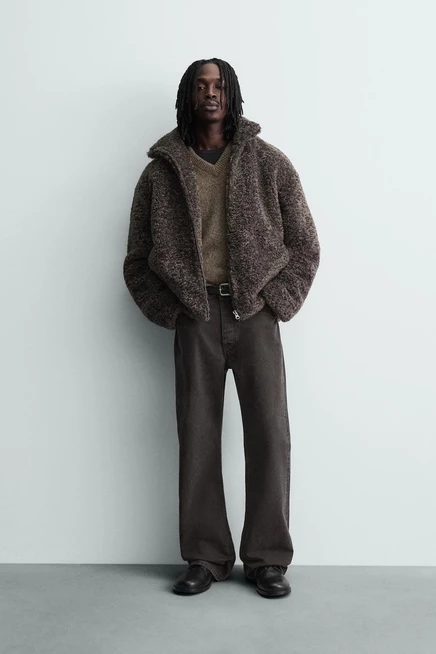 Мужская куртка ZARA из искусственной овчины, коричнево-зеленая