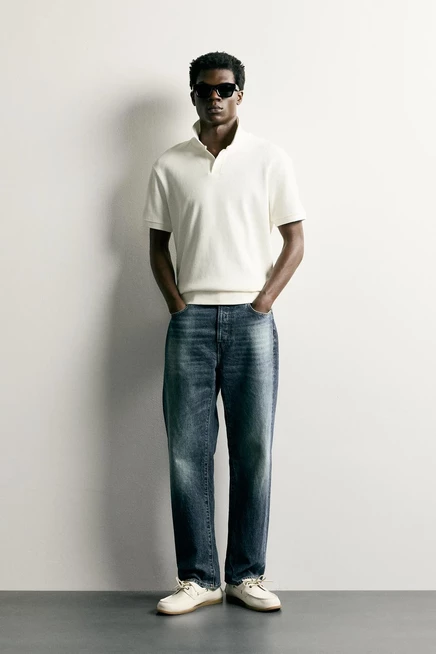 Мужское поло ZARA Regular Fit с фактурой, молочно-белое