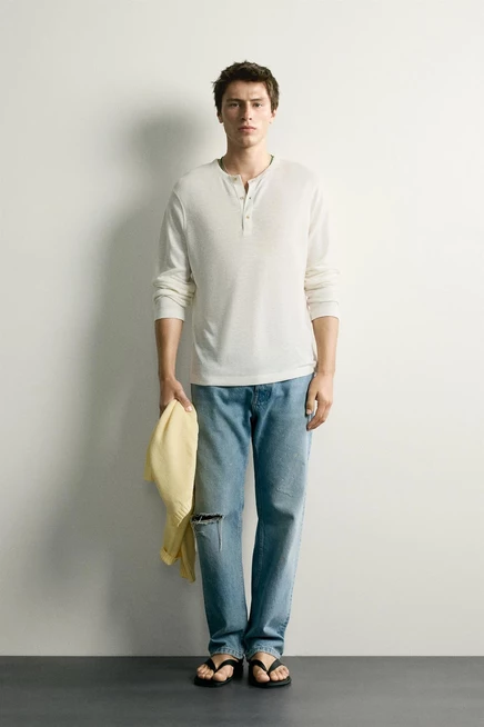 Мужская футболка ZARA Henley, молочно-белая