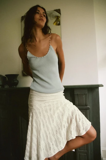 Женский топ ZARA Beaded Rib, жемчужно-серый