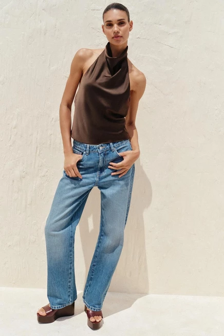Женский сатиновый топ ZARA халтер с открытой спиной, коричневый