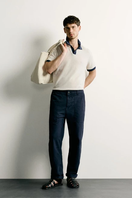 Мужское поло ZARA Open-Stitch Regular Fit, жемчужно-белое