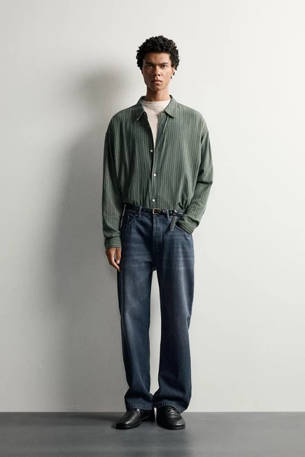 Мужская рубашка ZARA в полоску, зелёно-синяя
