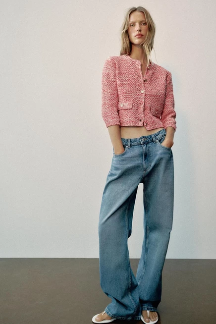 Женский кардиган Zara с рукавом 3/4, красно-белый