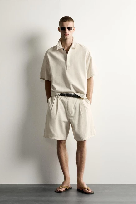 Мужские шорты ZARA Wide Fit в полоску со складками, экрю
