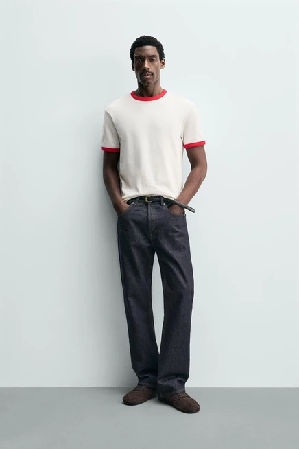 Мужская футболка ZARA в рубчик, бело-красная