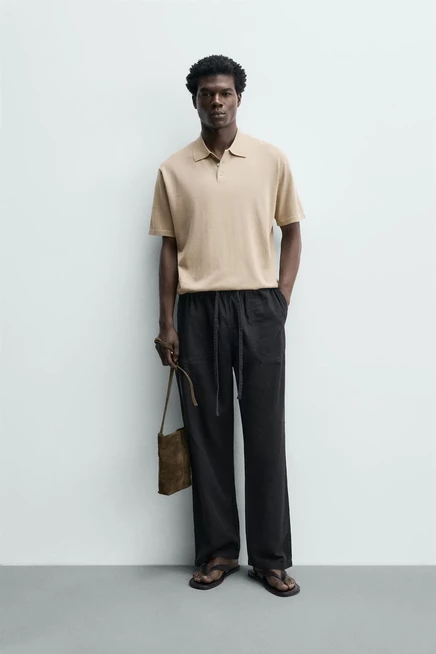 Мужское поло Zara Regular Fit Cotton Blend, серо-бежевое